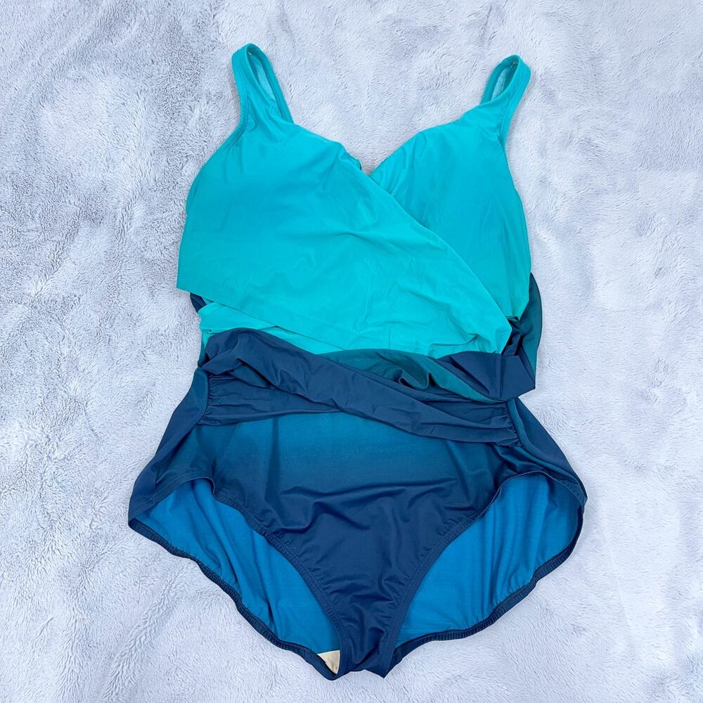 Lands End SlenderSuit Tummy Control Wrap One Piece Swimsuit Ombre Womens 22W DD